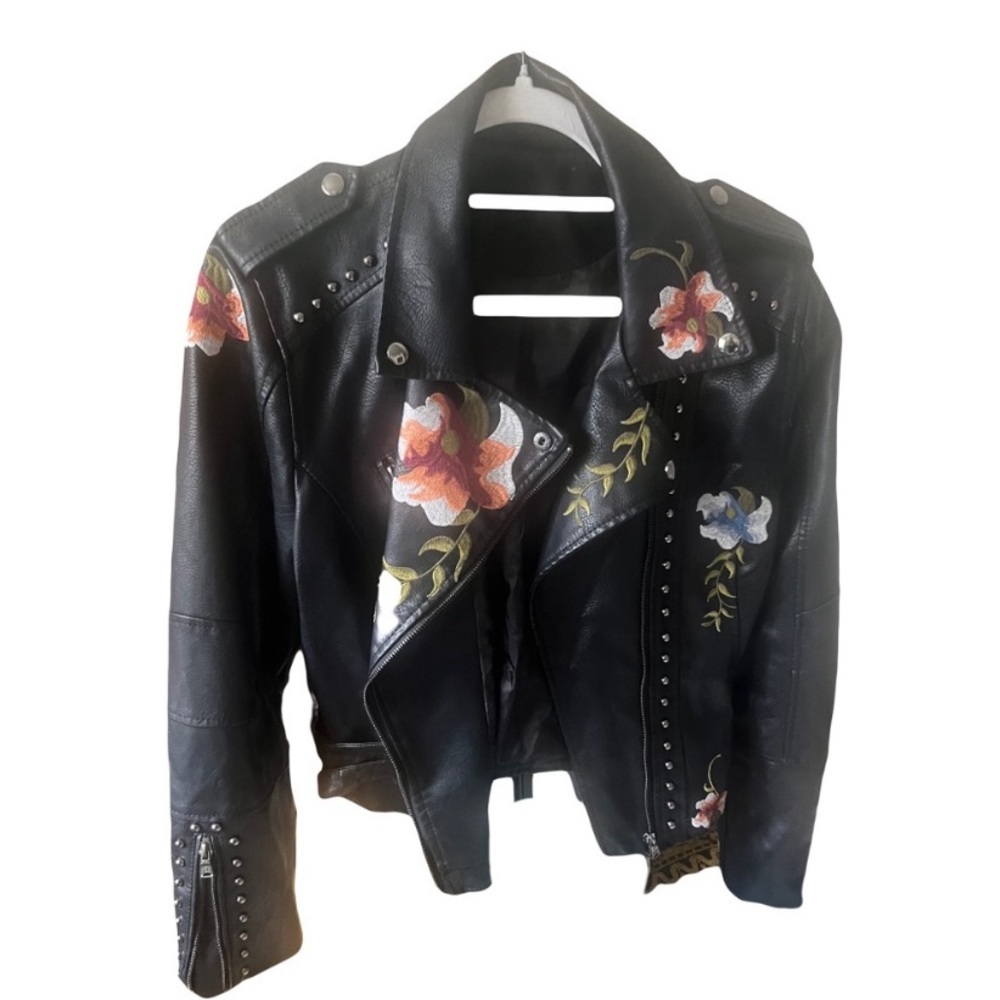 Studded Floral Black Leather Jacket vintage Moto jacket
